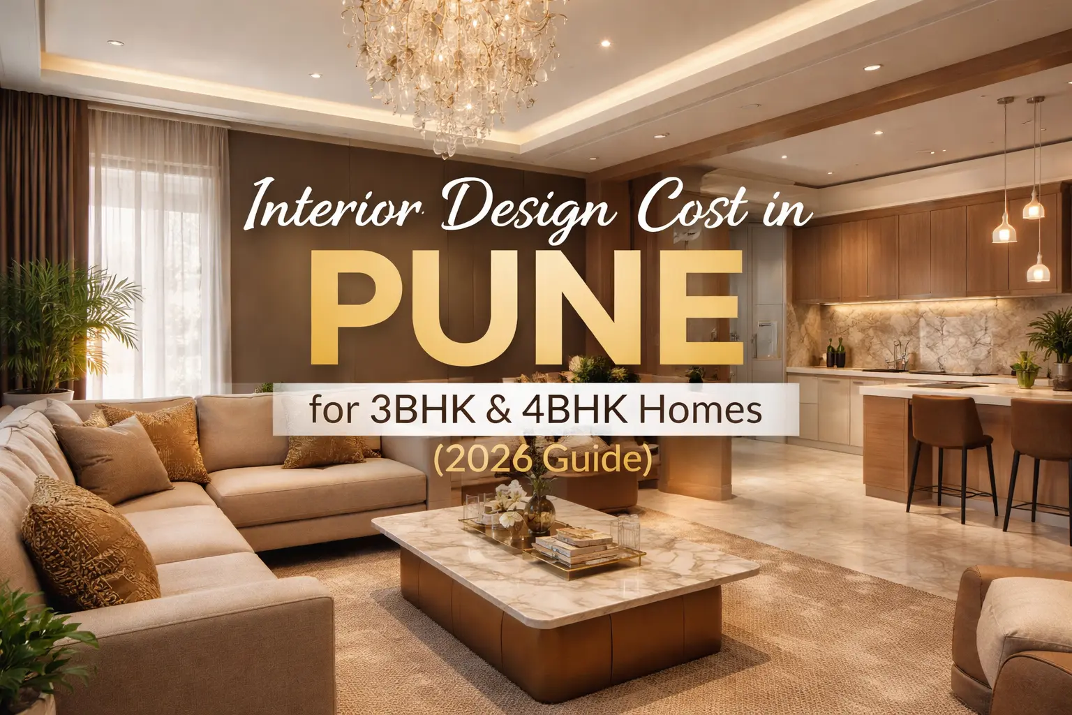 Luxury 3BHK and 4BHK apartment interior in Pune featuring a modern living room and kitchen, used as cover image for Interior Design Cost in Pune 2026 guide.